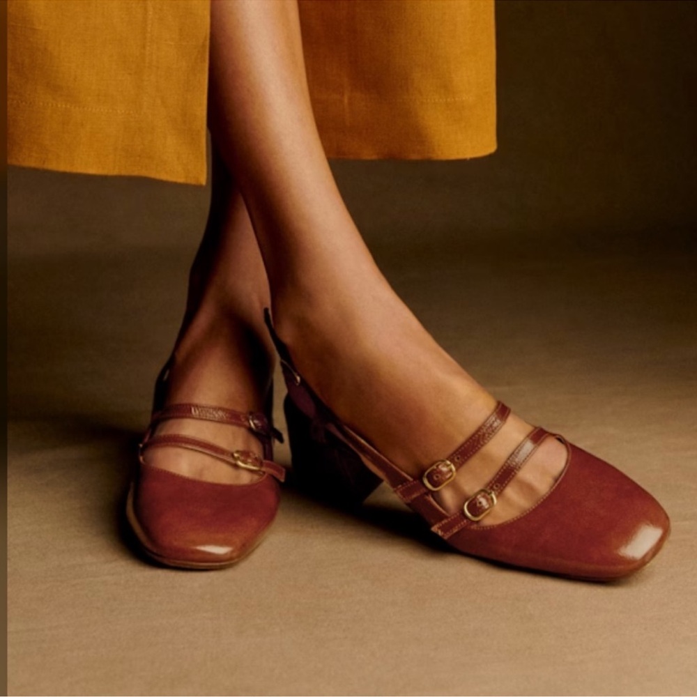 🍂🍎Sezane PAULA BABIES in PATENT CAMEL Sling back Heels - Picture 4 of 13